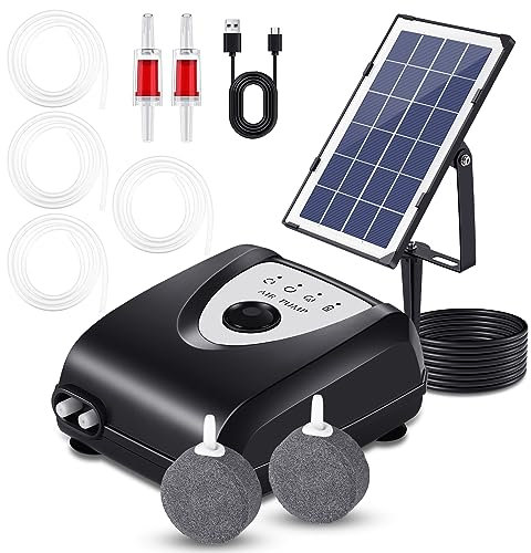 Solar Pond Aerator Pump, 3W Solar Pond Air Pump with 2 Air Bubble Stones, 0.9L/MIN, Overcharge Protection, Fish Tank Oxygenator for Garden Fish Tank Outdoor Pool, Black