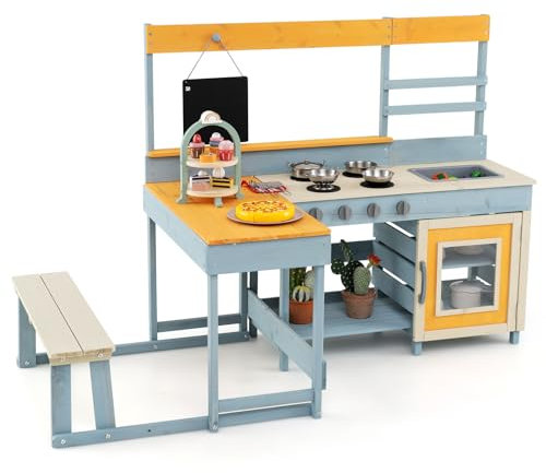 COSTWAY Matschküche mit Picknicktisch & Bank, Kinderküche Tannenholz mit Dessertzubehör Küchengeschirr und Tafel, Spielküche Outdoor Küche für Kinder ab 3 Jahren