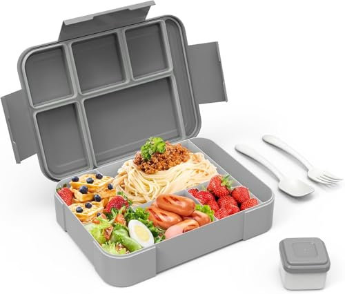 PDBEST Bento Lunch Box, for Adults 1330ml Bento with 6 Compartments, Boxes with Cutlery Set, Leak Proof for Kids, Snack Box for School Kindergarten Office, Grey