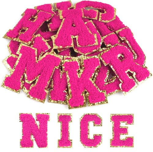 ASTARON 26 Pcs Self Adhesive Letter Patches Chenille Letters Stickers, A-Z Embroidered Applique Patches Alphabet Cloth Patch for Clothes, Bags, Hat, Phone Case, DIY Accessories (Rose)