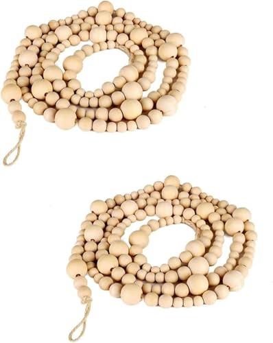 2PCS Christmas Wood Beads Garland 14.4 Feet Wooden Bead Garland Boho Ornaments for Christmas Tree, Xmas Vintage Rustic Farmhouse Round Craft Bead Table Wall Hanging Holiday Decorations(7.2 Feet/1Pcs)