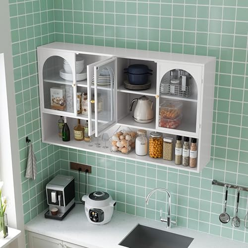 Ligterra 120 cm Hängeschrank Küche, Küchenhängeschränke mit 4 Glastüren, Hergestellt aus hochwertigem Eisen und gehärtetem Glas, zur Wandmontage, Geeignet für Küchen, Wohnzimmer(weiß)