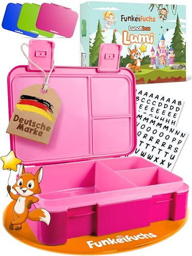 Funkelfuchs LUMI | Brotdose Kinder mit Fächern – 950ml, Pink | Lunchbox BPA-frei für Schule & Kindergarten |Super leicht, nur 350g |Auslaufsicher, Spülmaschinengeeignet | Bento Box, Snackbox, Brotbox