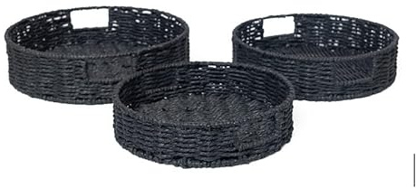 Woodluv Set of 3 Decorative Round Handwoven Paper Rope Serving Decor Storage Jewellery Display Tray With Handles, Extra Large, Large & Medium - Black