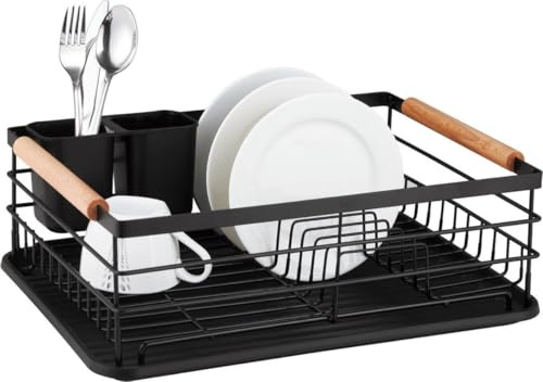 ROYAL SWISS Escurreplatos de metal – Secador de platos con bandeja de goteo, cesta extraíble para cubiertos y asas de madera, color negro