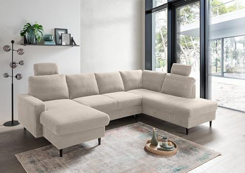 möbelando Wohnlandschaft Pris – Großes U-Form Sofa mit Ausziehfunktion, Staukasten & Cordstoff Bezug – 305 cm, Beige, inkl. 2 Kopfstützen