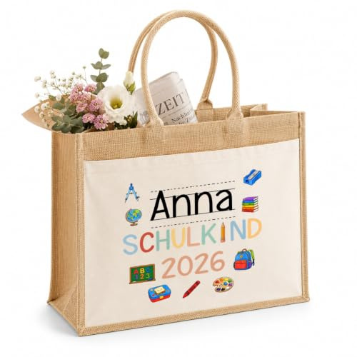 LIEBTASTISCH® Personalisierte Jutetasche Schulkind 2026 mit Wunschname - Geschenk Einschulung Schulanfang Mädchen Junge - Stofftasche Einkaufstasche - Schultüte Deko Geschenke
