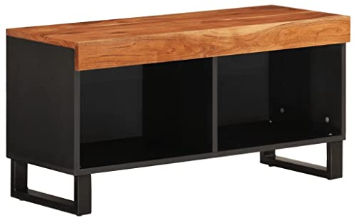 Foknhdi Mueble para TV 85 x 33 x 43,5 cm de madera maciza de acacia, armario bajo industrial con patas de hierro estables, pequeño mueble para televisión para salón, armario para medios rústico