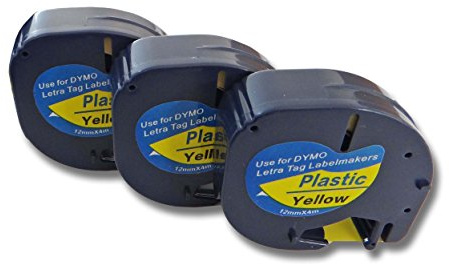 vhbw 3x Schriftband-Kassette kompatibel mit Dymo LetraTag LT-100H | LT-100T, QX50, XR, 200B Etiketten-Drucker 4m x 12mm Schwarz auf Gelb