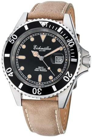 Eichmüller Taucheruhr Herren braun mit Lupe, Datumsanzeige und drehbarer Lünette 20 ATM, braun/schwarz, Riemen, Braun/Schwarz, Riemen