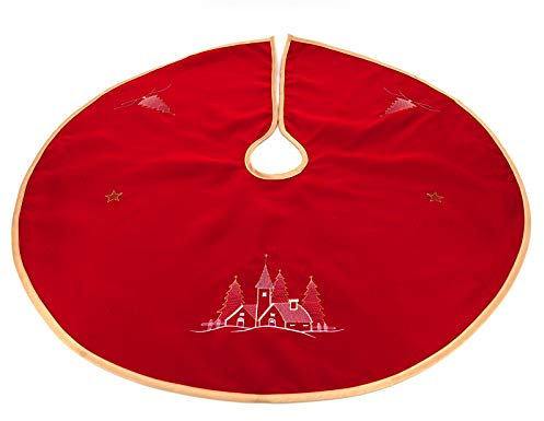 heimtexland ® Weihnachtsbaum-Decke Rund 90 cm Bestickt Rot Gold Weihnachts-Deko Baumständer-Schürze Typ618