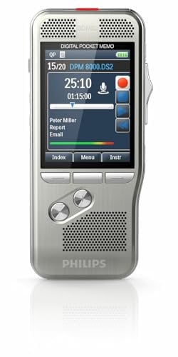 Philips DPM8000 Digitales Diktiergerät, Bedienung per Schiebeschalter, 3D-Mikrofon für ausgez. Stereo-Tonaufnahmen, Farbdisplay, Edelstahlgehäuse, inkl. Diktiersoftware SpeechExec Pro 2-Jahres-ABO