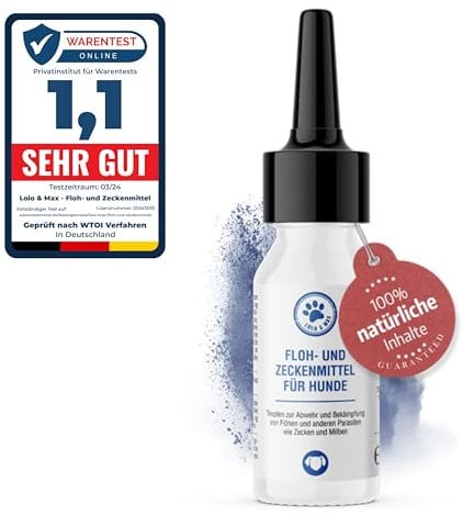 Lolo & Max - Floh- & Zeckenmittel für Hunde 100% Natürlicher Spot On - Bis zu 8 Monate Abwehr & Bekämpfung von Flöhen & Anderen Parasiten (Zecken,Milben,Läuse,Haarlinge,Wanzen) - 40ml
