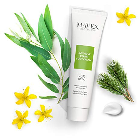 MAVEX Fußcreme mit Harnstoff (20%), Fichtenharz, Johanniskrautextrakt, ätherischem Thymian-, Minz- und Eukalyptusöl, Vitamin E, 100ml