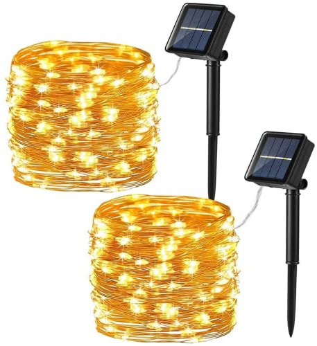 PhilzOps [2 Stück] Solar Lichterkette Aussen, 12M 120 LED Outdoor Weihnachten Lichterkette Warmweiß Kupferdraht Solarlichterkette 8 Modi Wasserdicht für Garten Balkon Terrasse Hof Hochzeit Party Deko