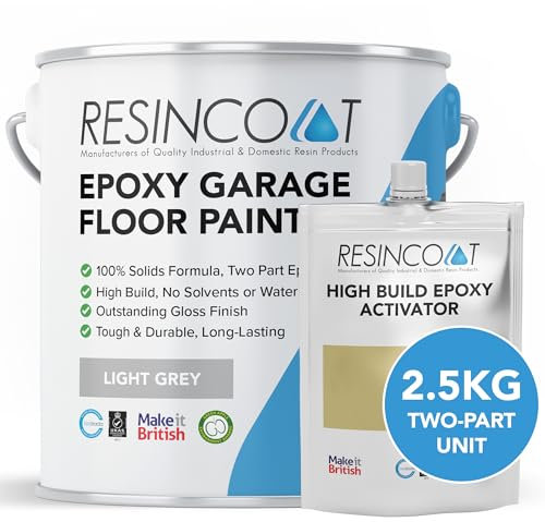 Resincoat High Build Epoxy Garage Floor Paint, Two-Part Epoxy Coating, High Gloss Finish, Solvent Free Formula, Tough & Durable Concrete Floor Paint, Made in the UK, Light Grey, 2.5kg