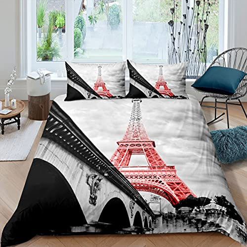 Chic Paris Parure Housse de Couette Tour Eiffel Parure de Lit 200x200cm Dégradé Gris Tour Rose Housse de Couette Pont Français Capital Gris Cityscape 3 pièces