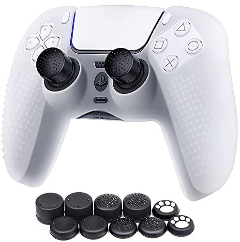 MMOBIEL Silicone Rubber Anti-Slip Skin Cover With 5 Different Size Thumb Grips Special Cat Paw Print Design Compatible with PS5 DualSense Controller - White