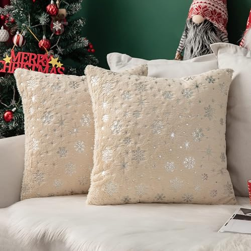 MIULEE 2er Set Kissenbezüge Weihnachten Kuschelkissen Flauschig Schneeflocken Dekokissen Sofakissen Plüschkissen Fellkissen Couchkissen Kissenhülle Zierkissenbezug für Wohnzimmer 40x40 cm Beige