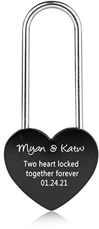 Personalisierte Liebesschloss Gravieren Name Datum Text Schloss Herz Liebe Vorhängeschloss mit Schlüssel für Mädchen Paare Geschenk für Geburtstag Hochzeit (Schwarz)