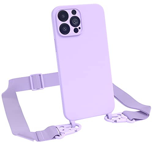 EAZY CASE Premium Silikon 2 in 1 Handykette kompatibel mit iPhone 13 Pro Max Handyhülle mit Umhängeband, Handykordel mit Silikonhülle, Hülle mit Band, Kette für Smartphone, Lavendel Lila