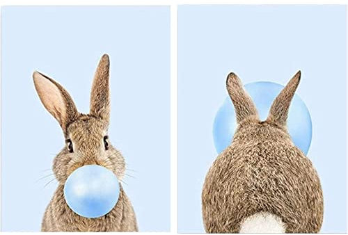 Animal Tableaux Toile tableau ImpriméE Peinture Murale Art Lapin Chewing Gum Art Affiche Bleu Rose PéPinièRe Toile tableau Tableaux Pour Salon Decoration Sans Cadre 40×50cm×2 Pcs