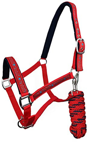York Halfter Bella mit Führstrick Pferdehalfter mit Strick Halfterset (Pony, rot-dunkelblau) | Halfter mit Anbindestrick
