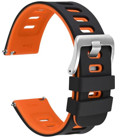 WOCCI 22mm Bicolore Bracelet Montre, Caoutchouc Silicone, Libération Rapide, Bande de Remplacement pour Hommes et Femmes, Boucle Argent (Noir-Orange)