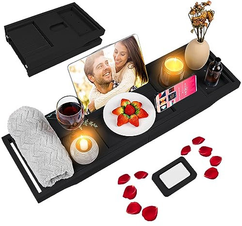 Placa de bañera Plegable, bambú, Estante de baño con Soporte para Copas de Vino, Contador, teléfono, Tableta con Lados extraíbles, Soporte de jabón Ajustable, Idea Libre