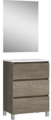 Baikal, Conjunto de baño Natura. Mueble de Baño de Fondo Reducido, con Lavabo cerámico. Distribución Tres Cajones. Mueble MONTADO. Tres Cajones con Espejo. Fondo 39cm 60 cm Nebraska