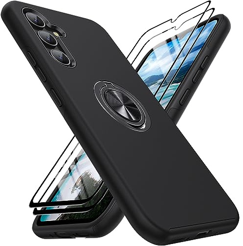 AOUIA Hülle für Samsung Galaxy A34 5G mit 2 Stück Schutzfolie, 360° drehbare Halterung, Anti-Fingerabdruck, Kratzfest, stoßfest, für Samsung A34 5G Hülle, Schwarz