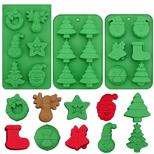 Bekecidi 3 PCS Christmas Silicone Moulds, Christmas Tree Santa Claus Snowman Reindeer Shape Chocolate Moulds DIY Soap Candy Jelly Cake Molds Silicone Baking Mould for Party Xmas Decoration