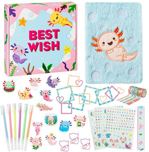 CY2SIDE 44-teiliges Axolotl DIY-Tagebuch-Set für Kinder, Axolotl Plüsch-Scrapbook-Tagebuch, Tagebuch, Schreibwaren-Set zum Schreiben, Machen Sie Ihr eigenes Scrapbook mit Bastelidee,