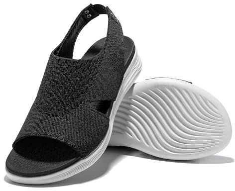 JOMIX Sandalias Mujer Verano de Malla Elástica Sandalias Deportivas con Plantilla Ortopédica Playa Piscina Mar Sandalias Planas, Negro, 38 EU