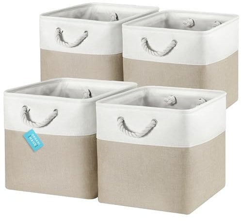 OrganiHaus Aufbewahrungsbox 33x33x33 cm 4er-Set, Aufbewahrungsbox Stoff, Kallax Boxen, Faltbare Regalkorb, Ablagekörbe für das Kinderzimmer, Körbe für Kallax, Aufbewahrungswürfel Beige/Weiß