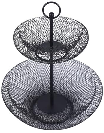 Froulaland Cesta de frutas de malla de 2 niveles con soporte de metal para frutas, cesta de frutas con frutero de cocina, decoración de cocina, de pie, moderno frutero negro/dorado (negro)