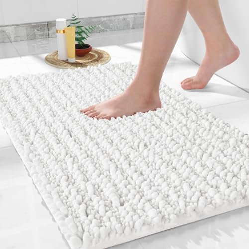 Yimobra Chenille Badematte rutschfest - Weicher Badvorleger Maschinenwaschbar - Mikrofaser Absorbent Badteppich, für Dusche und Badezimmer, 92 x 61 cm, Helles Weiß