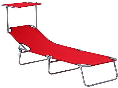 Outsunny Lettino Prendisole da Giardino, Sdraio Pieghevole e Regolabile con Tettuccio in Tessuto Rosso, 187x58x36cm