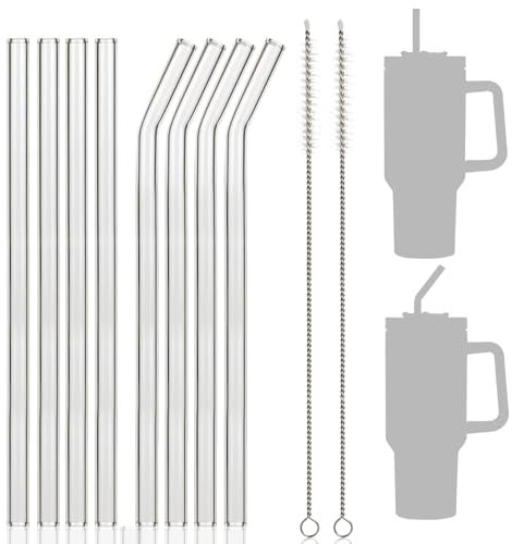 Mooshy 8PCS Replacement Cup Straws for Stanley 30/40oz, Reusable Transparent Extra Long Glass Straws with Cleaning Brush for Stanley, Compatible with Stanley Adventure Quencher Travel Tumbler(12.2in)