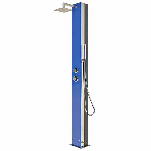 IDEAL Solardusche CURACAO mit blauer Glasfront Edelstahl V2A poliert | Aluminium Wassertank 25 l | Kopf- und Handduschfunktion | Unterseitiger Anschluss für Gardena- oder Flexschlauch 1,5 Zoll