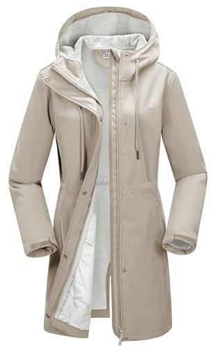 33,000ft Veste softshell légère avec capuche - Veste fonctionnelle pour femme - Doublure polaire - Coupe-vent respirant - Manteau long à capuche pour la randonnée, kaki clair, L