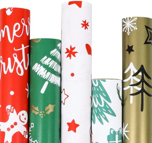 SULOLI Weihnachten Geschenkpapier 5 Rollen Set Bunt Weihnachtsgeschenkpapier Geschenkverpackung Papier für Weihnachten Neujahr Geschenkverpackung(43cmX3m)