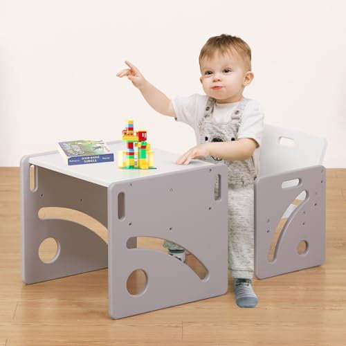 FUNLIO Set de Mesa y Silla Montessori para Bebés de 1-3 años, Ajustable en Altura, Ideal para Leer/Comer/Jugar, Fácil de Montar, Certificado CPC - Gris