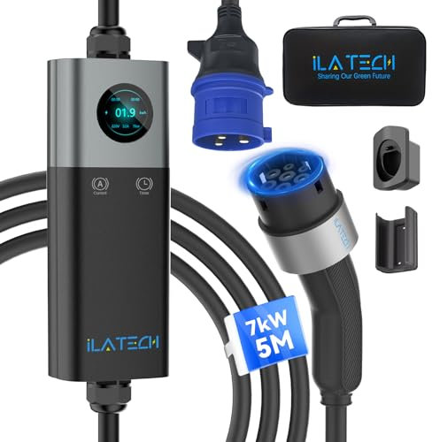iLa Tech Ladekabel Typ 2 CEE Stecker 7kW 5M, EV Ladegerät 32A 1-Phasig mit Einstellbarer Ladeleistung, LCD Display, IP65 Schutzniveau, Mobile Wallbox mit Kabelhalterung und Aufbewahrungstasche