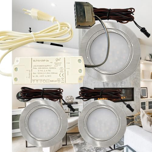 Lichtfaktor24 3er Set LED Möbel Einbaustrahler 12V ultra flach 2.4W Einbauleuchten Mila 160lm mit LED Trafo und 230V Zuleitung 3000K Warmweiß Lochausschnitt: 58 bis 60mm Silber Plug and Play Spots