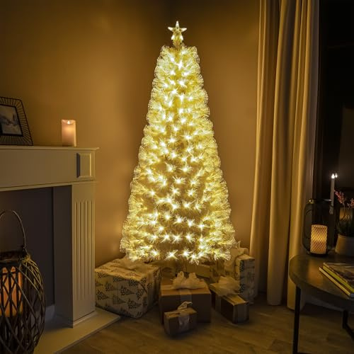 6ft White Fibre Optic Christmas Tree with Feathery Warm White Fibre Optic Lights