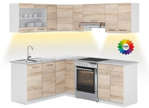 Vicco Eckküche Rick, Sonoma, 167 cm, AP Marmor mit LED-Leisten