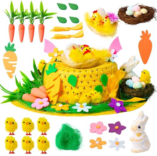 JOYIN Ostermützen Set, Ostern Machen Sie Ihre eigene Mützenmütze Bastelset mit Küken, Hase, Karotte, Hasenohren, Nest, Gras, Blume für Ostermützendekoration, Kinder Ostermützen DIY (gelber Hut)