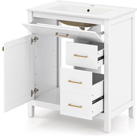 GOPLUS Mueble de Almacenaje Bajo Lavabo con 2 Puertas, Armario de Baño con Lavabo de Cerámica y Compartimientos Cerrados, Puerta Abatible, Manijas Doradas Exquisitas, Blanco, Capacidad 30KG