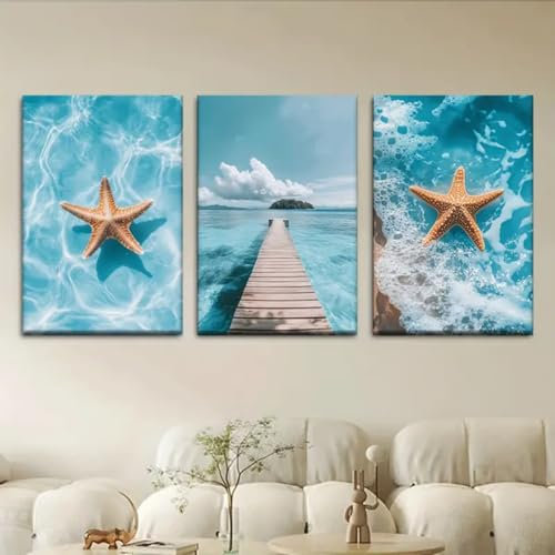 Herfair 3er Set Premium Poster Set,Ozean Seestern Hawaii Poster Set, Summer Vibes Deko Poster Summer Aesthetic Hawaii Poster Strand Bilder (40x50cm)